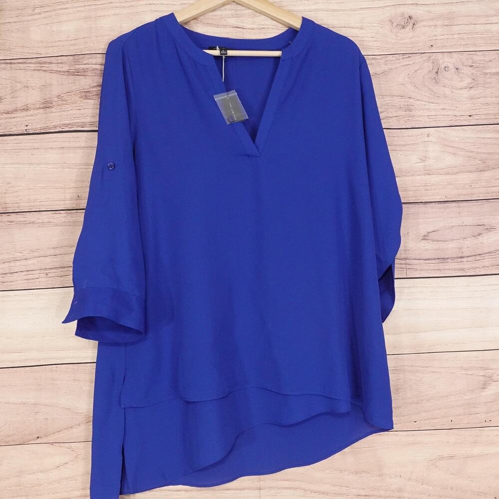 New! The Limited Shirt Womens Medium Blue High Low Tunic Blouse Roll Tab Sleeve